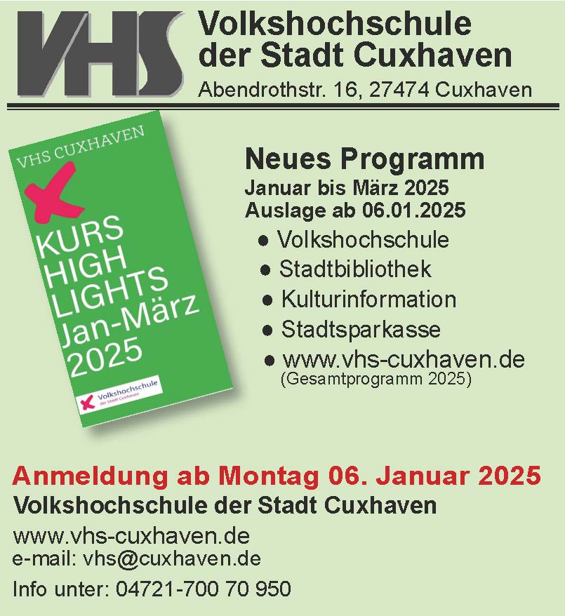 Kurse 2. Halbjahr 2024 ab jetzt buchbarue Programmheft 2024 wird voraussichtlich ab 17.01.2024 zur Verfügung stehen. Freuen Sie sich auf ein vielfältiges Programmangebot.